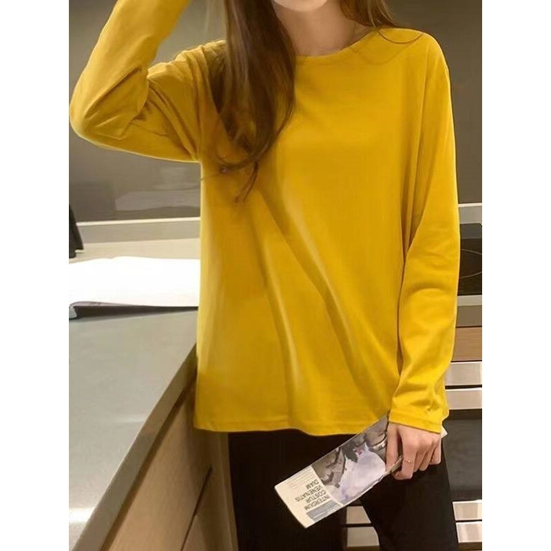 2026 New Women's Cotton Long-Sleeve T-Shirt, Spring and Autumn New Style, Solid Color, Loose Fit, Thin 100% Cotton Top