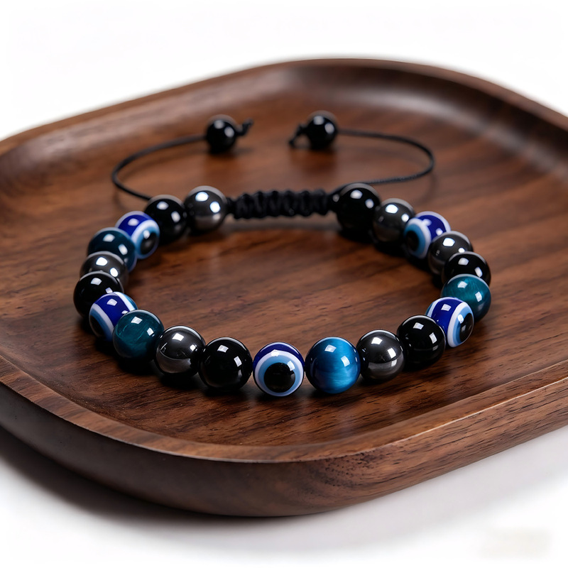 Cross-border best-selling evil eye bracelet, beaded woven tiger eye stone bracelet, black gallstone blue eye evil eye bracelet Cross-border best-selling evil eye bracelet, beaded woven tiger eye stone bracelet, black gallstone blue eye evil eye bracelet