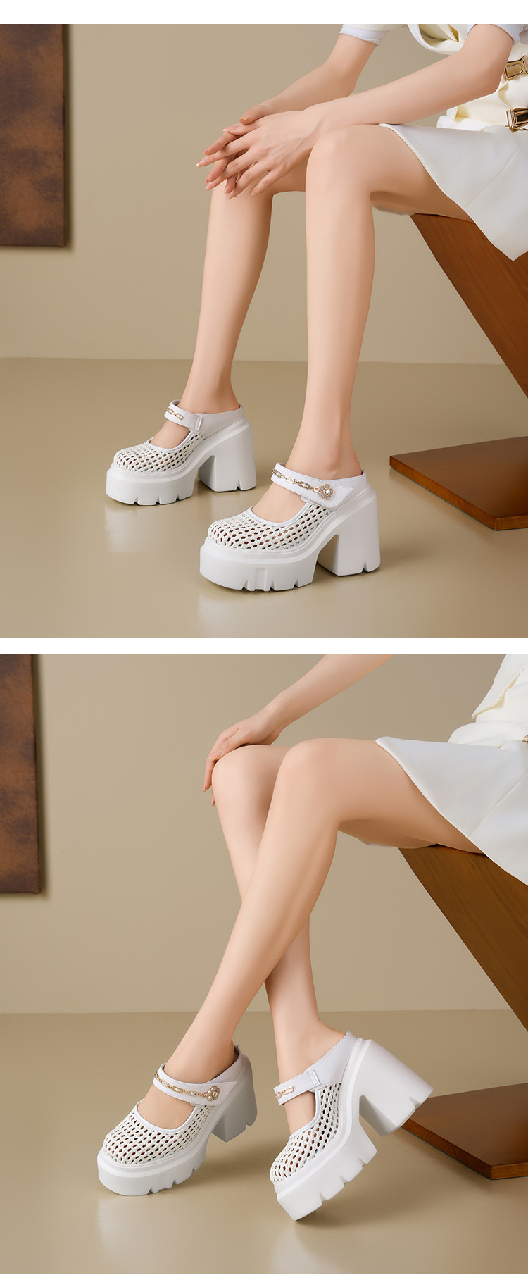 Sandal bít mũi đế dày 12cm tăng chiều cao, dệt lưới rỗng, dép lê cao gót Muller — Màu đen, Màu vàng nhạt, Màu trắng chi tiết 12