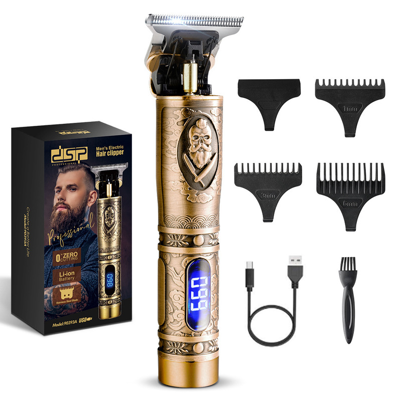 DSP/Dansong T9 Shaving Head Push White Barber Shear Retro Oil Head Shape Engraving LCD Digital Display Hair Clipper