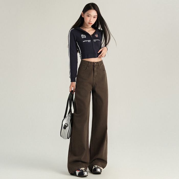 High-grade Dipped brown Wide Leg Jeans Women's Spring New High Waist Loose Tall Long Straight Pants Spring and Autumn