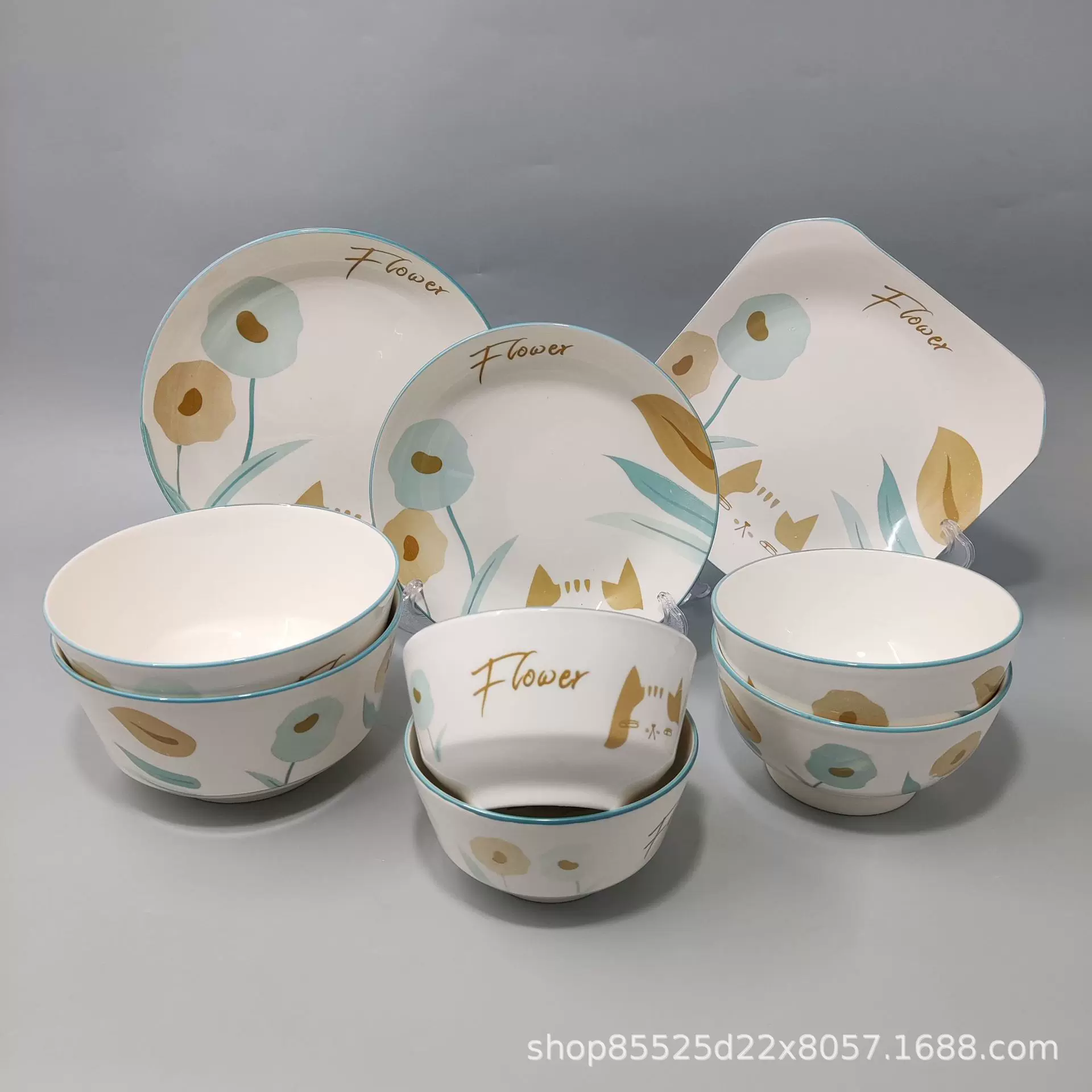 映山红印彩春意系列釉下彩小清香陶瓷碗盘套装商超供应