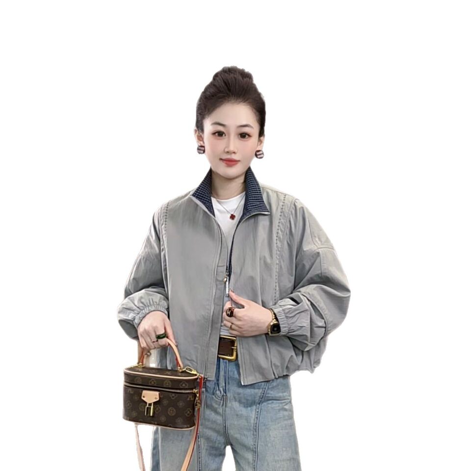 Áo khoác bóng chày nữ dáng ngắn rộng rãi phong cách casual, dài tay cổ bẻ khóa kéo — Màu xám đậm, Xanh kaki, Xanh khói, màu đen