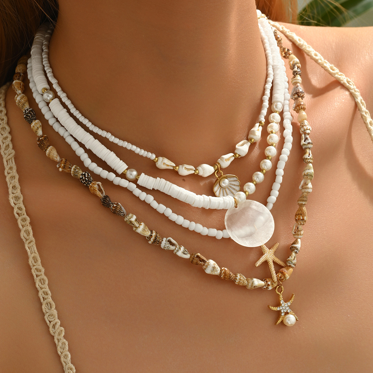 Layered Starfish Shell And Pearl Choker Necklace For Summer Beach_voghion.com