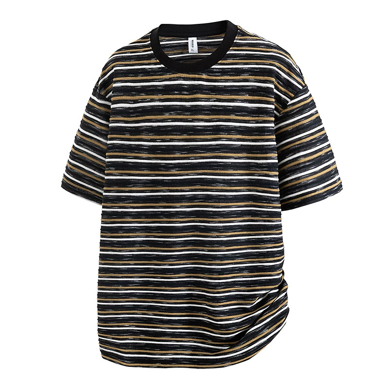 [Берлинская одежда] Новая летняя полосатая футболка с короткими рукавами, мужская свободная повседневная универсальная футболка с круглым вырезом, модный бренд