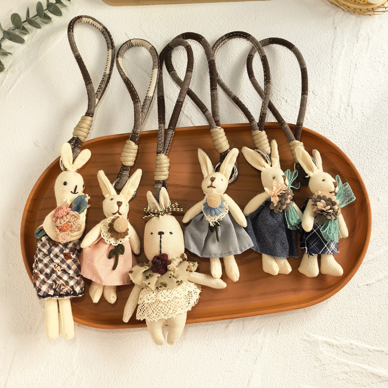 Forest-Style Cotton and Linen Fabric Pendant for Women Versatile Japanese Fresh Fabric Cute Rabbit Doll Bag Charm Keychain