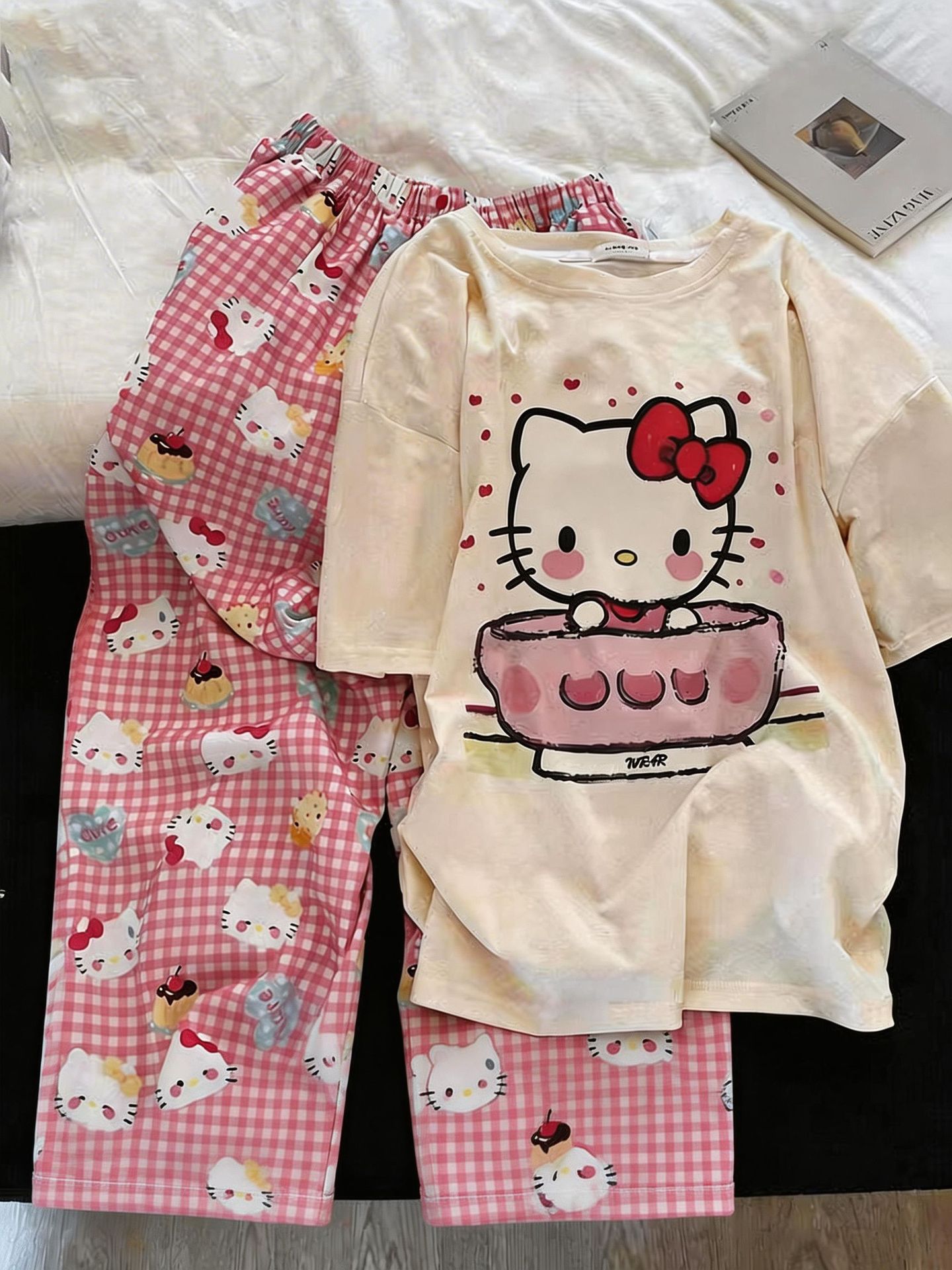 Pijama de mujer Jingdong gato pantalones de manga corta primavera y otoño dibujos animados lindos de tamaño grande para mujeres de verano conjunto de ropa de casa estudiantil