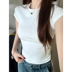 モーゼス女王のスリムフィット伸縮性右肩Tシャツ レディース 夏 アメリカンスタイル ホットガール 半袖 無地 丸首トップス