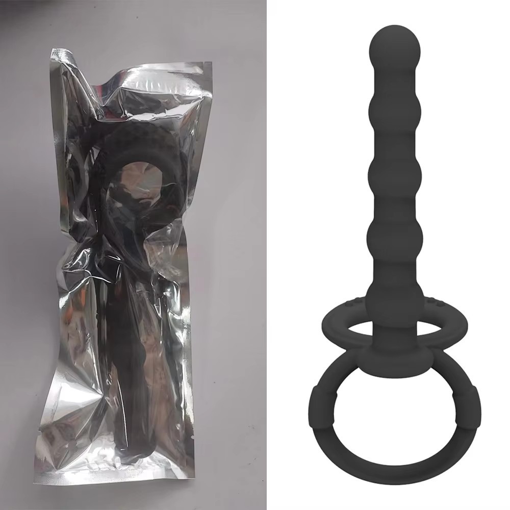 Silicone Anal Plug with Double Ring and Beaded Design, Black Prostate Massager — detail image 4