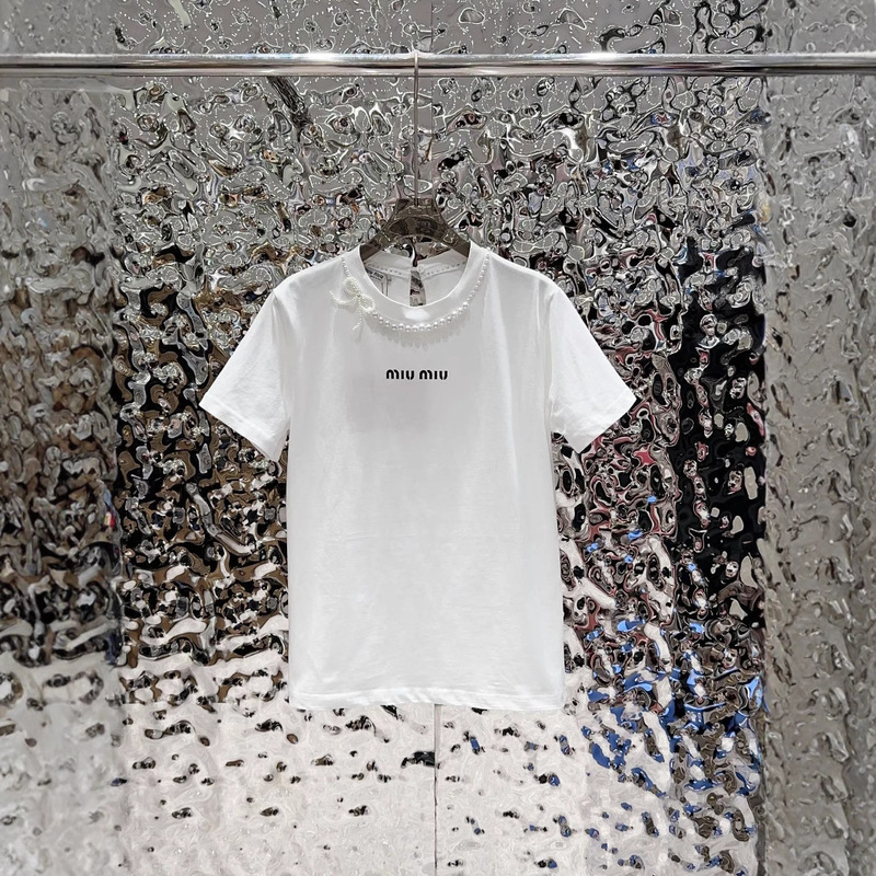 25春夏新作ファッション襟元手作り真珠サラウンド➕後襟半開襟半袖tシャツレディース|undefined