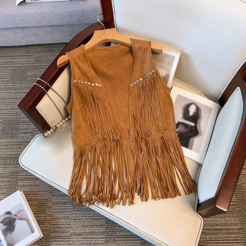 Women's Tassel Vintage Western Denim Vest with Studs, Medium-Thick Sleeveless Jacket