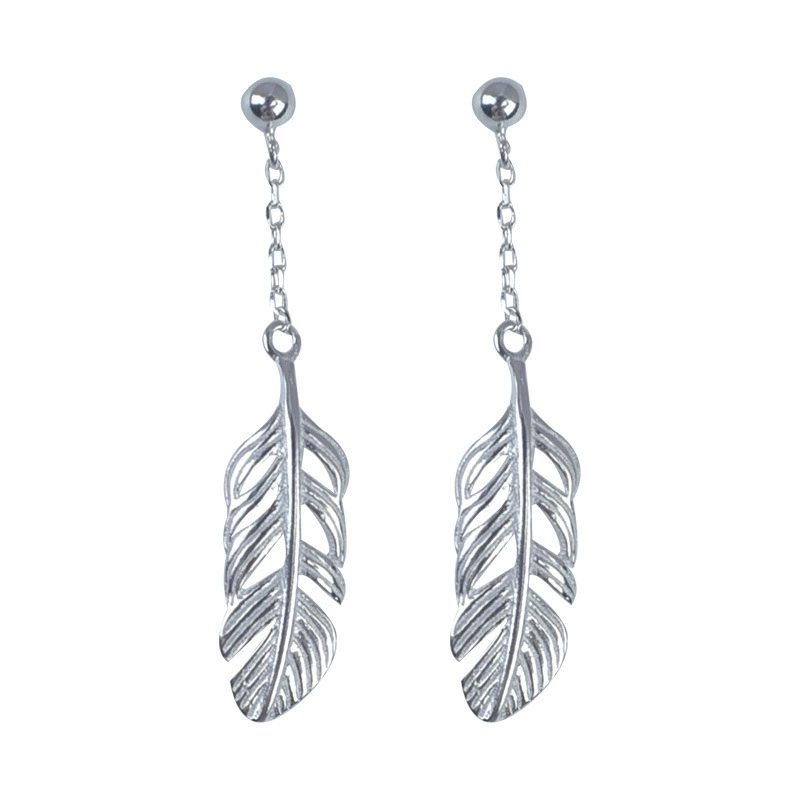 Earrings (Fresh) 925 silver feather dangle, simple elegant design, drop chain studs, 2021 collection