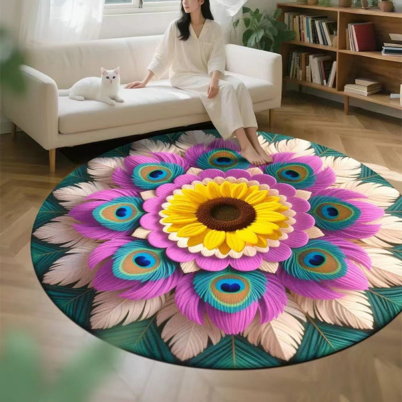 3D效果孔雀花卉圆形水晶绒印花地毯家用装饰客厅防滑易打理沙发毯|undefined