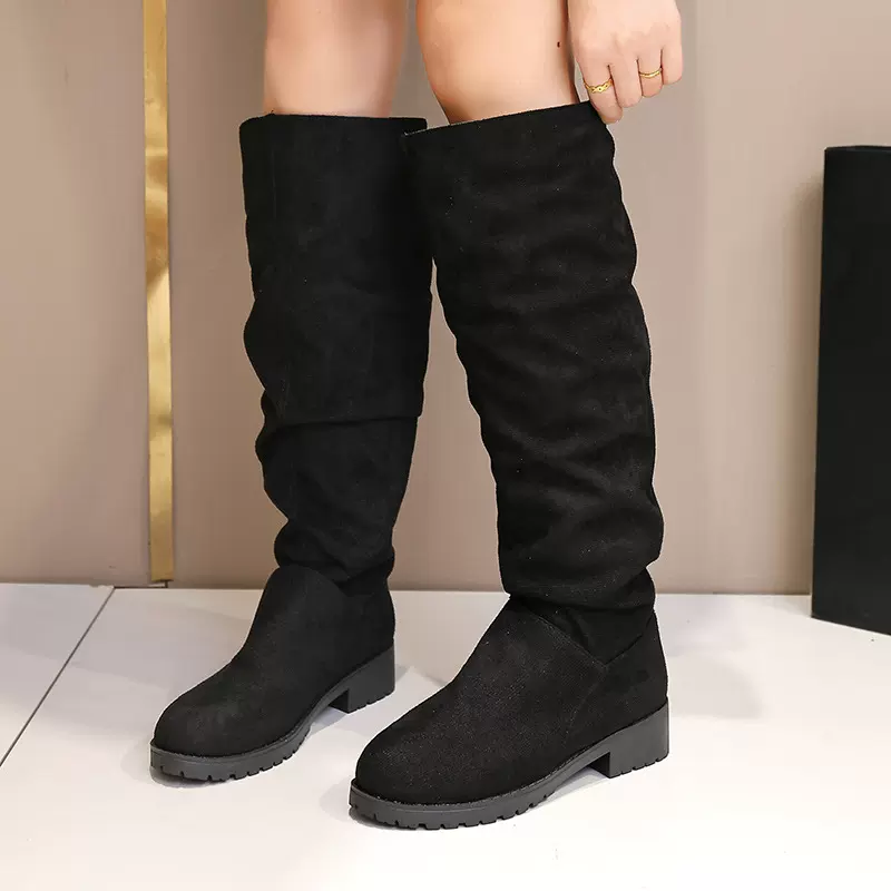 黑色大码百搭长筒靴女2025秋季新款方跟显瘦骑士靴韩版绒面女靴