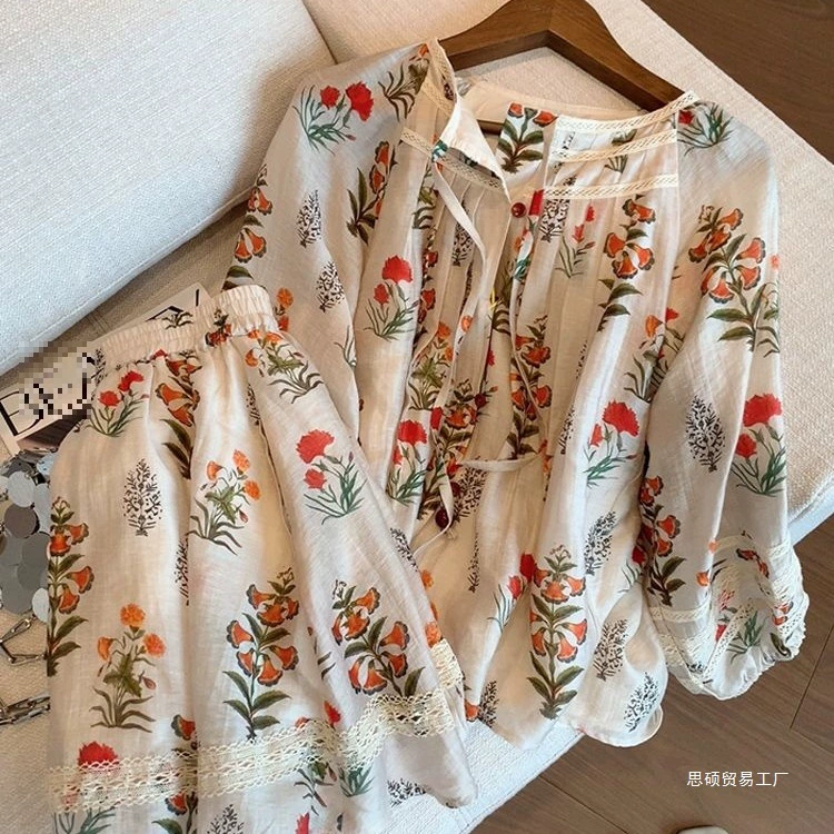 Женский костюм из шифона с французским цветочным принтом 2025 года, летняя новинка, элегантный, молодежный, короткая юбка, комплект из двух предметов