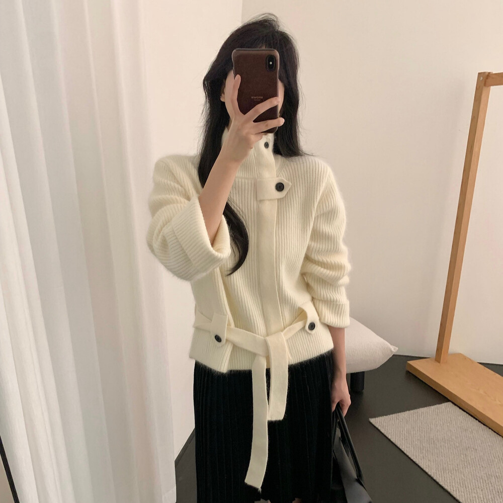 冬新款女羊毛衫韩系立领气质配腰带设计感羊毛浣熊绒毛衣针织开衫