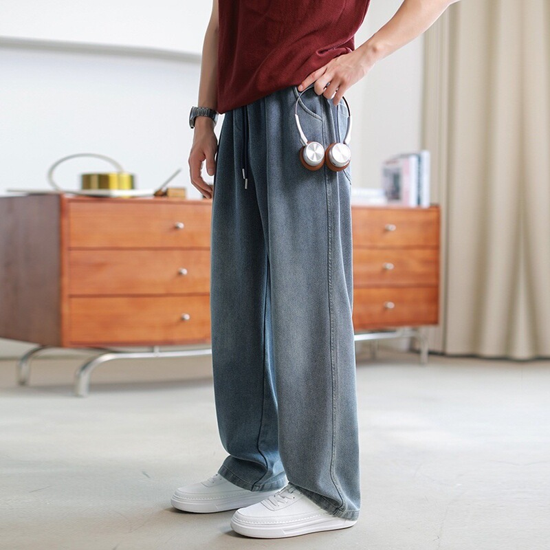 Washed Gradient Herringbone Wide-Leg Jeans Men's American High Street Loose Starry Sky Pattern Drape Straight Pants