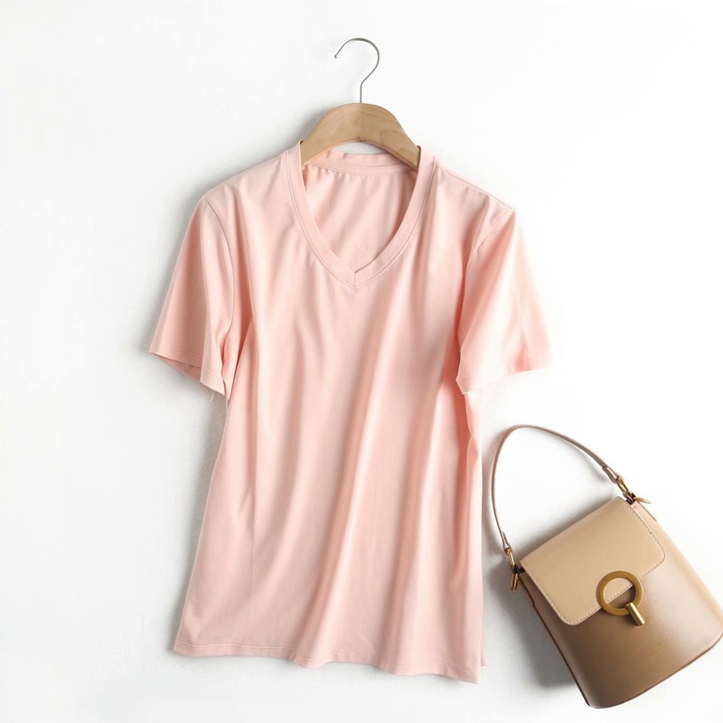 メーカースポット2024夏80本両面シルク綿tシャツ女園vネック半袖純色綿半袖tシャツ