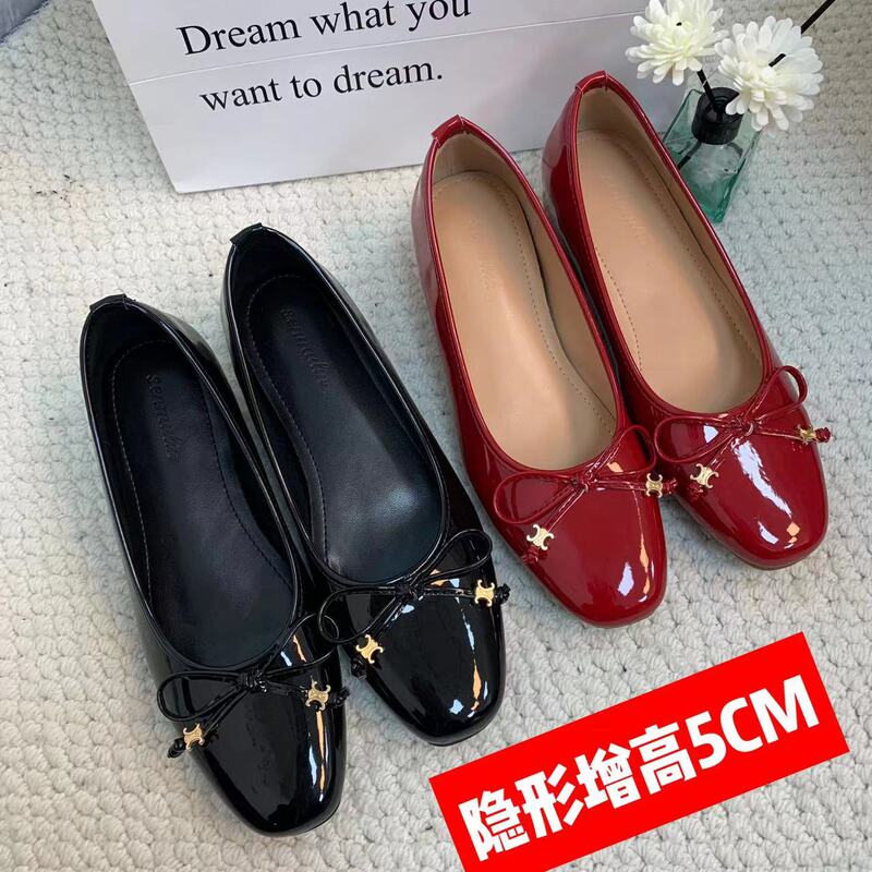 2025 Spring New High Heel Shoes for Petite Women with 5cm Height Increase, Buckle Detail, Camellia Genuine Leather Mary Jane Shoes