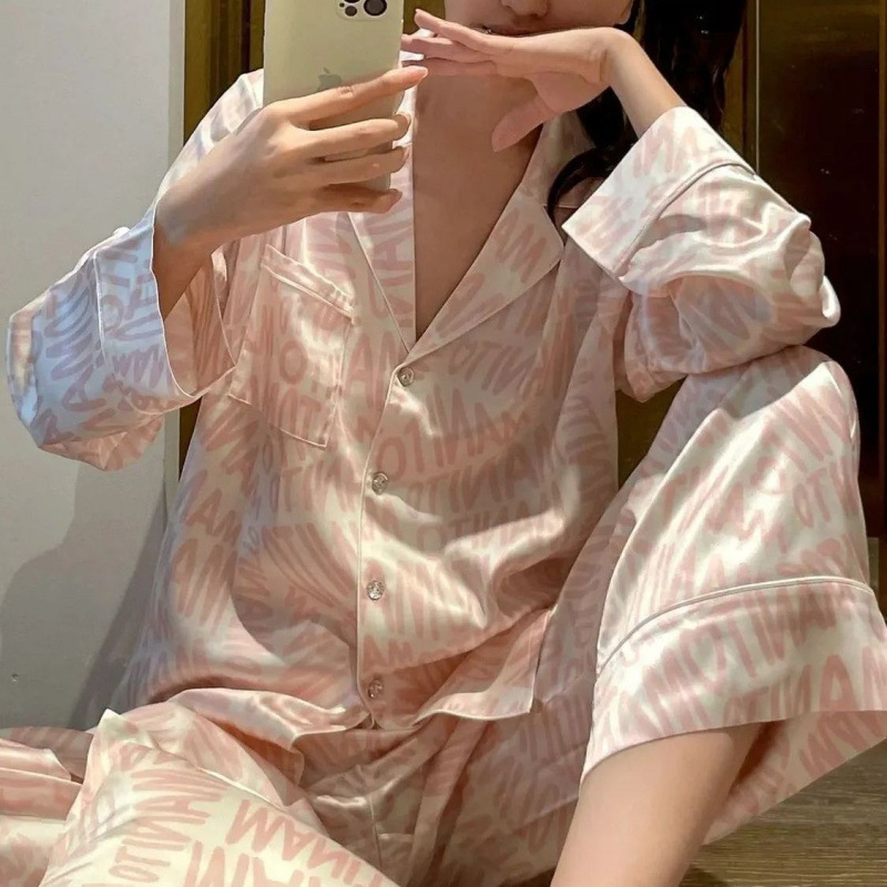 感绿色花卉印花冰丝睡衣女春秋季2025新款长袖套装丝绸家居服|undefined