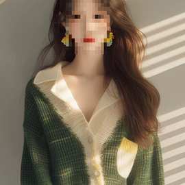 绿色领长袖针织开衫毛衣外套女秋冬新款今年流行松弛感上衣