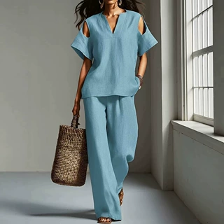 欧美亚马逊2026秋夏季跨境新款外贸女装短袖时尚休闲裤子两件套装
