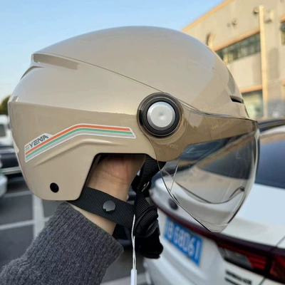 Motosiklet kaskı (dəbilqə) helmet electric car women's summer - beige-with-short-coffee