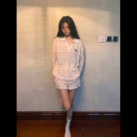 韩系松弛感条纹腊肠狗翻领睡衣女夏季休闲长袖短裤家居服套装外穿