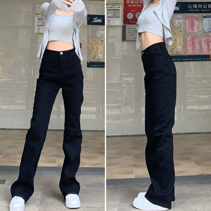 Black Straight-Leg Jeans, Slim Fit, New High-Waisted, Flattering, Stretchy, Slimming, High-Waisted Cigarette Pants, Floor-Length Trousers Black Straight-Leg Jeans, Slim Fit, New High-Waisted, Flattering, Stretchy, Slimming, High-Waisted Cigarette Pants, Floor-Length Trousers