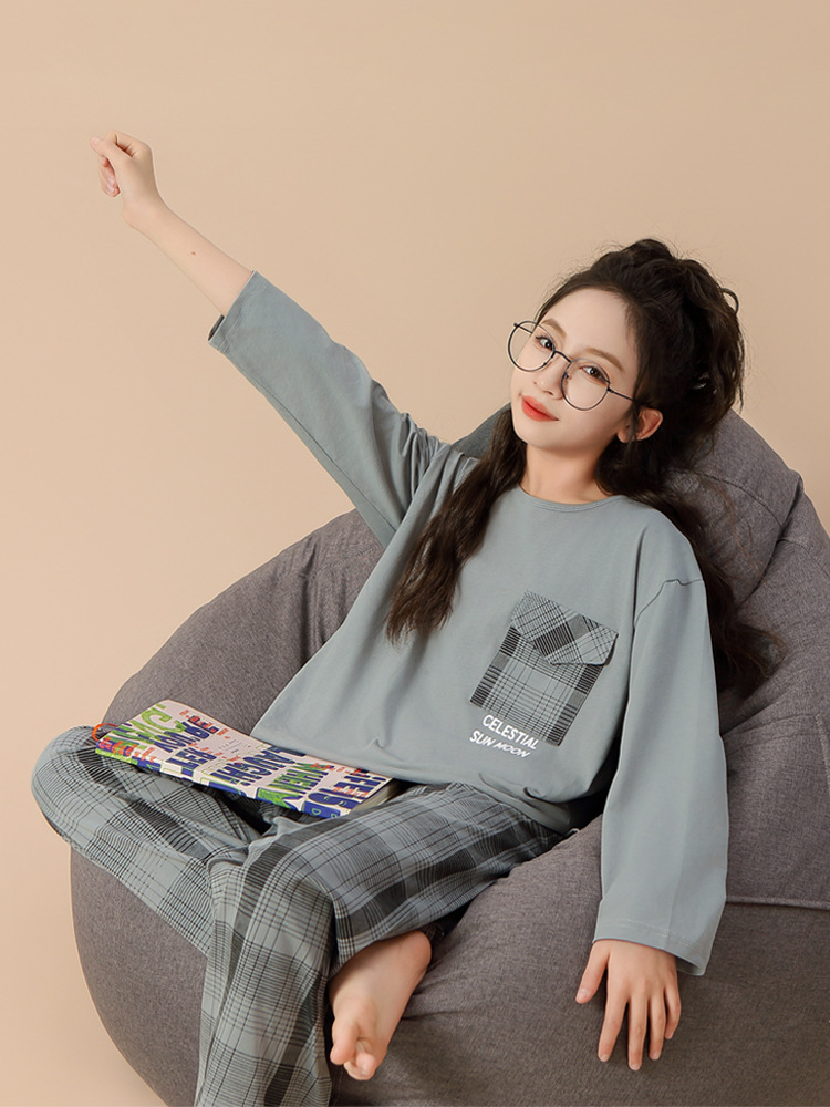 Nueva primavera y otoño algodón de manga larga para niñas estudiantes de niños mayores 100% algodón conjunto de ropa de casa a rejilla