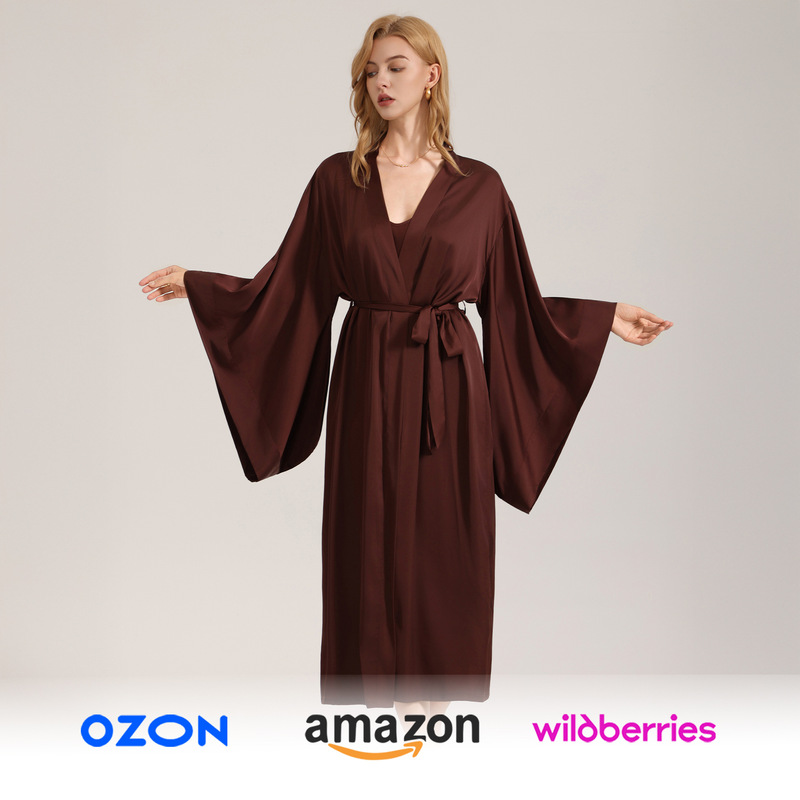Cross-Border Wb New Style Solid Color Simple Satin Chiffon Long-Sleeve Robe Spring and Summer Elegant Women's Nightgown Loungewear 3780