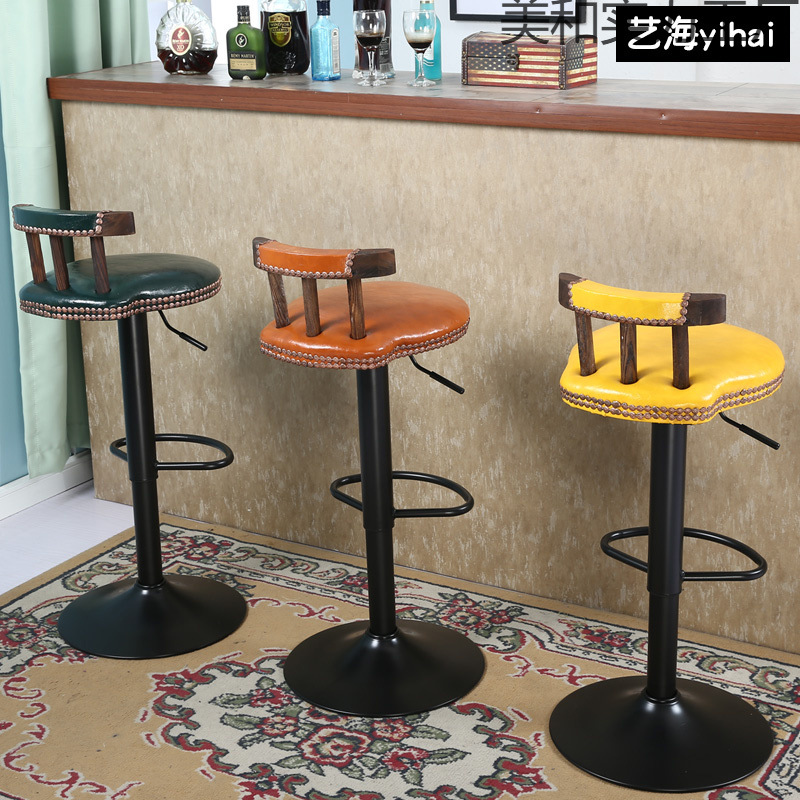 艺海复古酒吧椅子美式实木吧台椅升降旋转咖啡厅桌椅高脚凳子城环