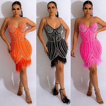 CQK2601  欧美 性感 跨境女装 烫钻羽毛连衣裙