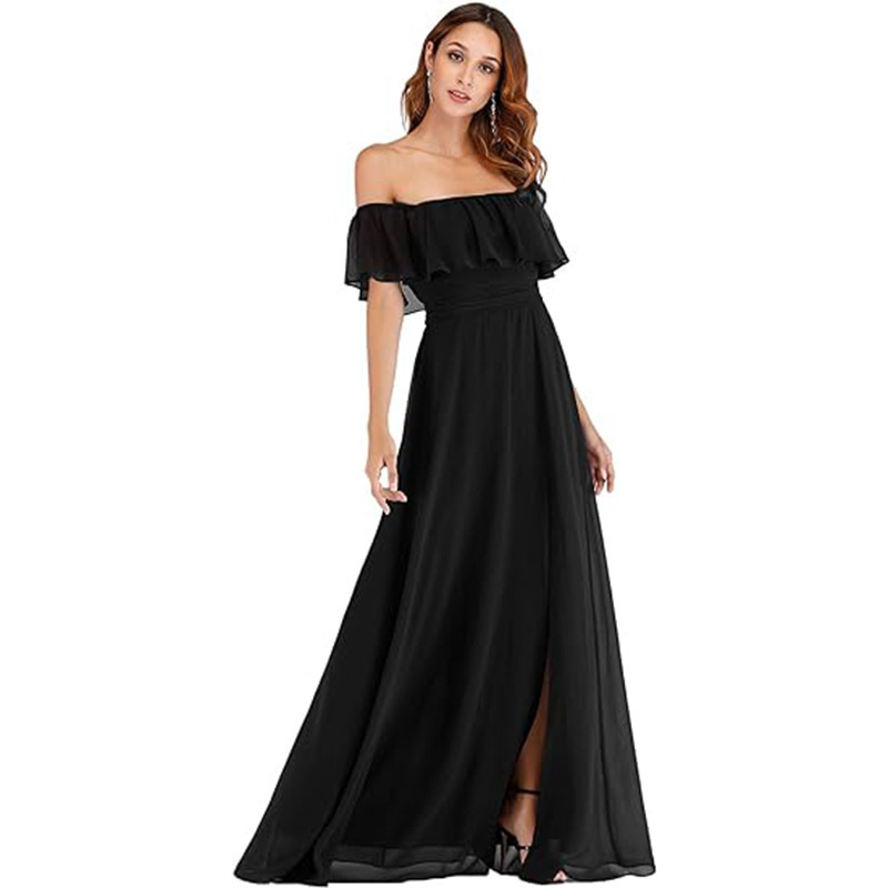 European and American New Style One-character Collar Solid Color dress Sleeveless Long Ruffled Chiffon Evening Dress Split Dress