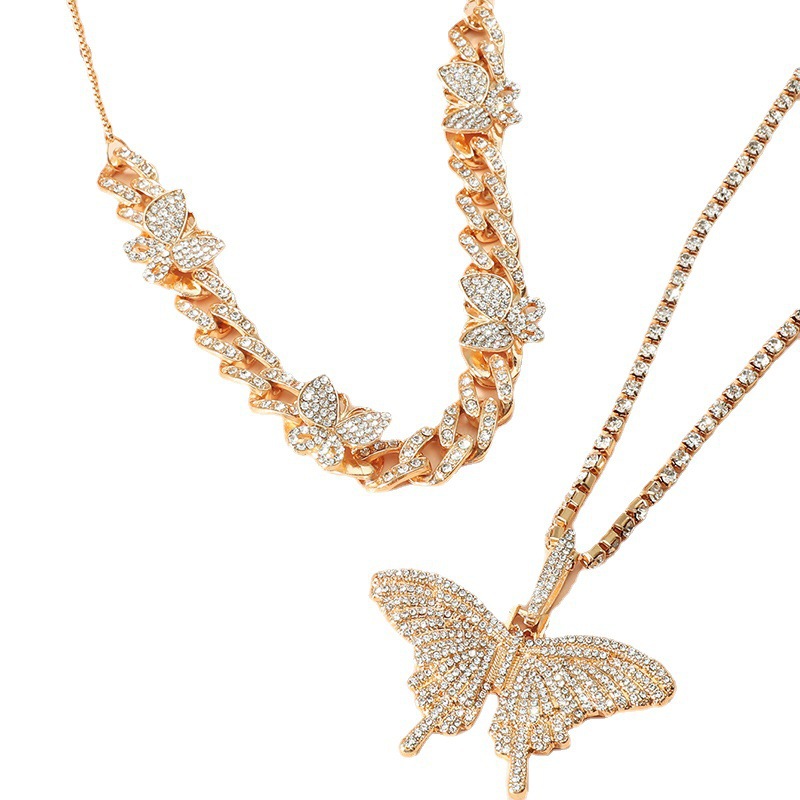 Fashionable and personalized full diamond exquisite trend hip-hop butterfly necklace geometric Cuban set_voghion.com