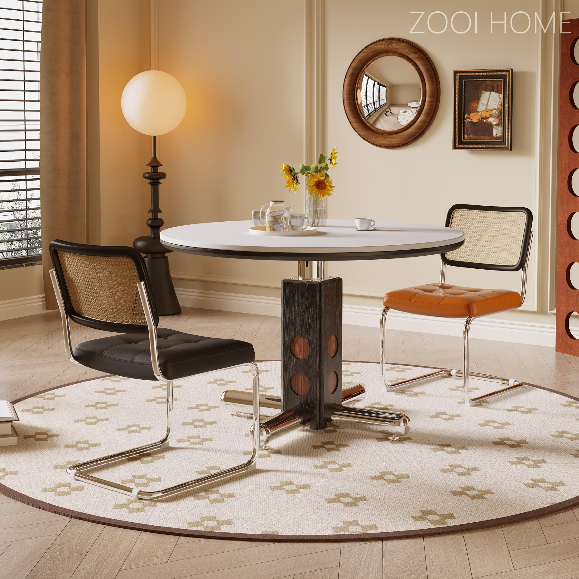 Bauhaus mesas redondas medievales, sala de estar doméstica pequeña, acero inoxidable, madera de cera polca, mesa de comedor redonda de tablero de roca