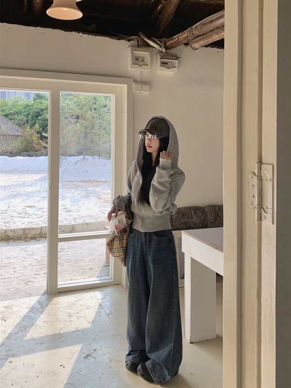 经典加厚加绒长袖卫衣外套女秋季2025新款灰色宽松显瘦连帽上衣潮|undefined