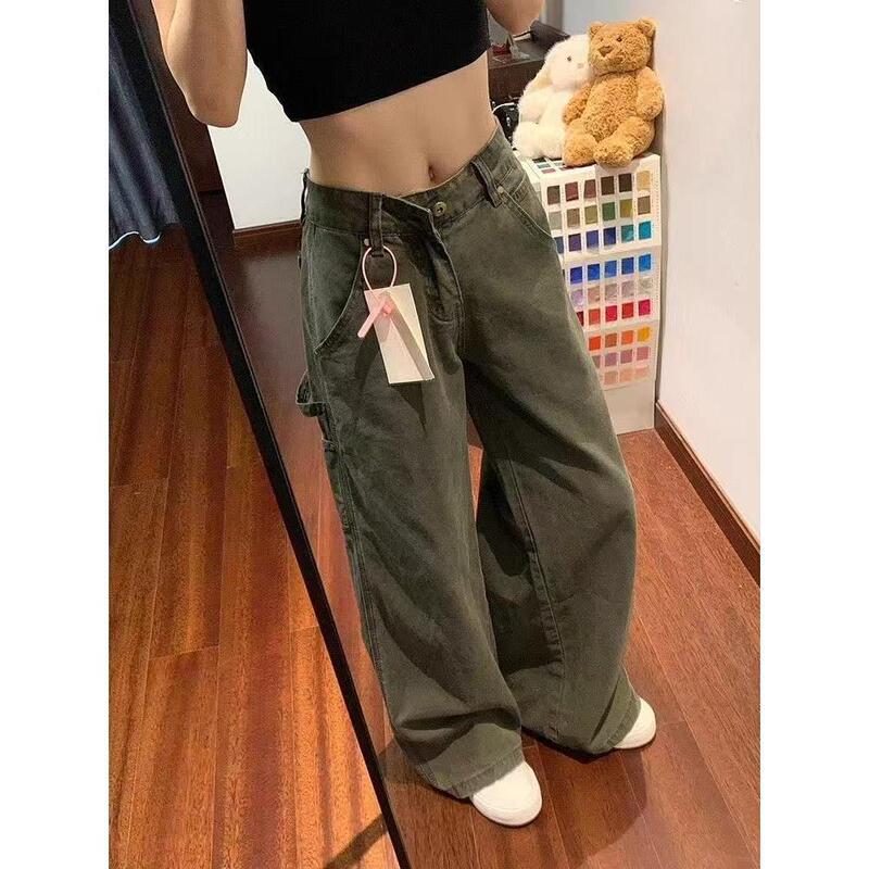 军绿色阔腿工装微喇牛仔裤女秋季新款美式低腰宽松显瘦垂感拖地裤|undefined