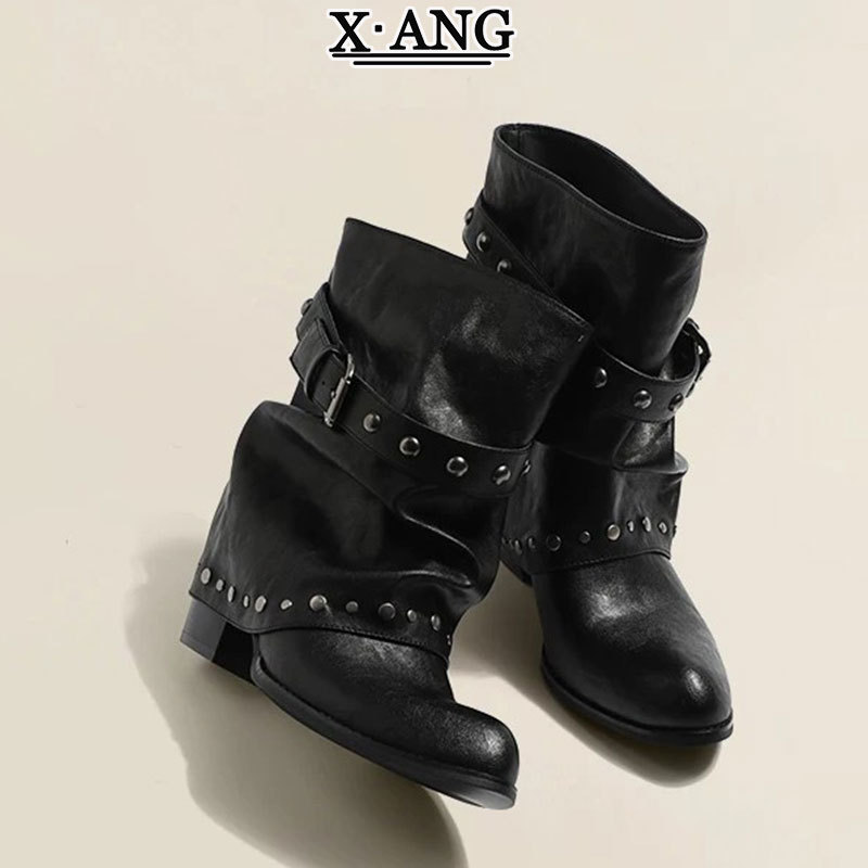 Retro-style buckle pointed-toe high-heeled bootcut boots for women, black ruched stacked boots with chunky heels, slimming short boots Retro-style buckle pointed-toe high-heeled bootcut boots for women, black ruched stacked boots with chunky heels, slimming short boots