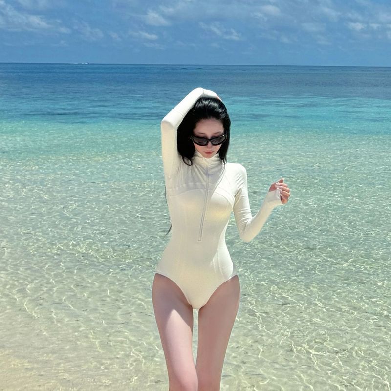 防晒浮潜连体三角长袖潜水服游泳衣女水母服游泳衣女新款白色保守|undefined