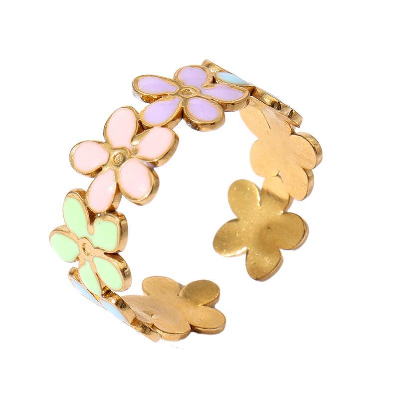 12g Weight Open Rings Classification Adjustable Ring Size 1 Piece Quantity Holiday, Daily Occasion 304 Stainless Steel Material Stripe, Flower Pattern Unisex Gender Enamel Design Retro, Sweet Style Wholesale Jewelry Retro Sweet Stripe Flower 304 Stainless Steel Enamel Open Rings 12
