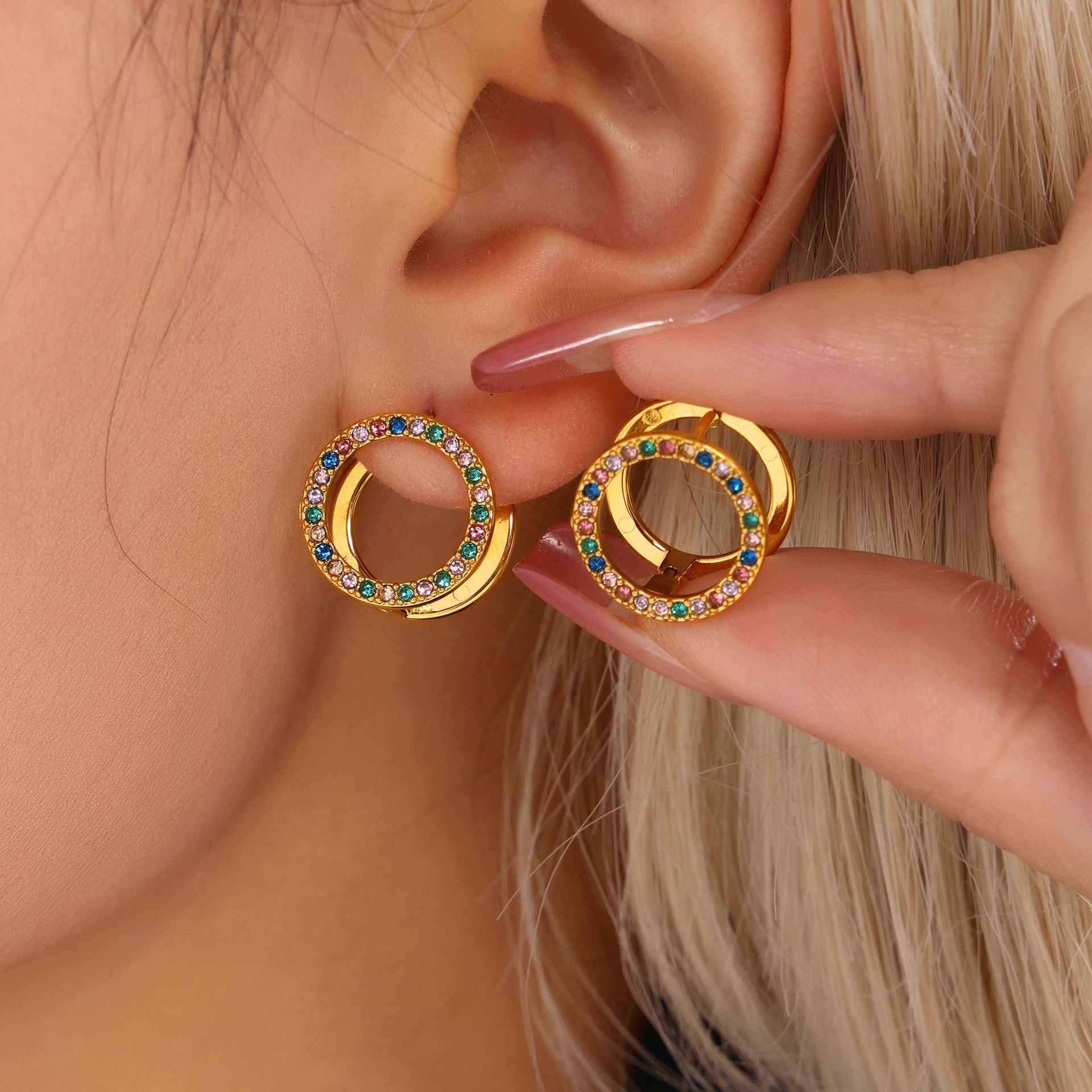 Square Sugar Mixed Color Zircon Double Sided Earrings With Light Luxury And High Grade Stainless Steel PVD Exquisite Circle Earrings For Women_voghion.com