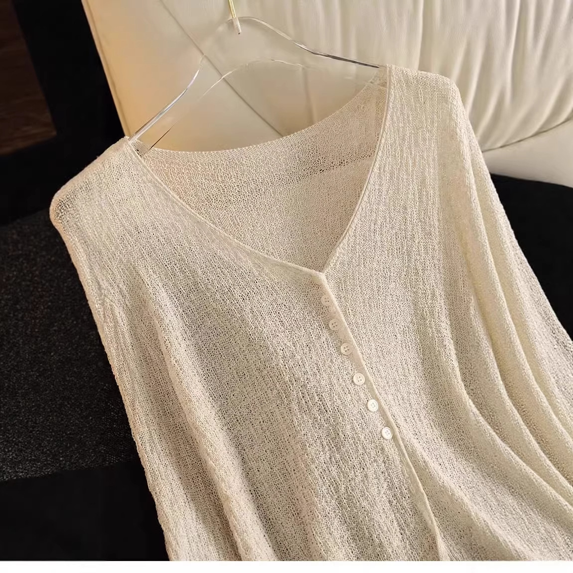 Corea del estilo perezoso viento de cuello V texturas de lino de punto Cardigan de primavera y verano de mujeres agujeros camisetas respirables de protección solar blusa delgada image 3