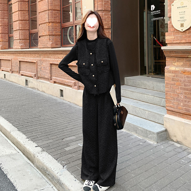 法式流苏边风马甲套装女春秋2025新款感气质阔腿裤两件套|undefined