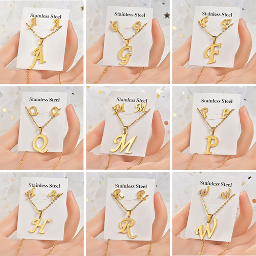 Titanium steel jewelry set, stainless steel accessories, necklace, earrings, cross-border trade, English letters do not fade, earrings, pendant