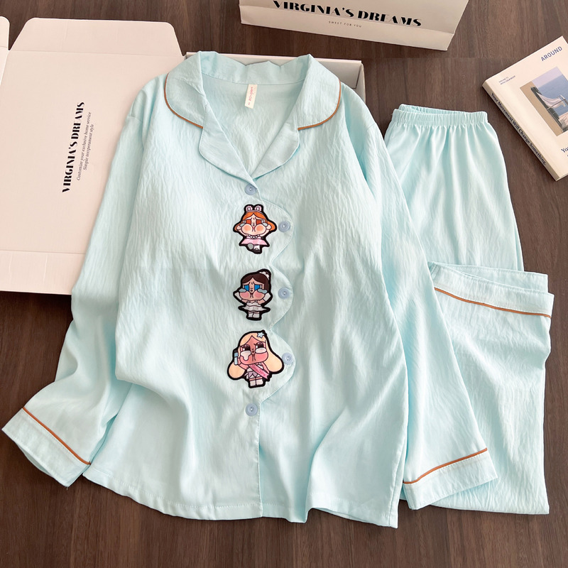Long-sleeved long-pants pajama set for girls, spring and autumn style, cloud cotton, with a turn-down collar and chest pads, cute, loose, and comfortable home wear Long-sleeved long-pants pajama set for girls, spring and autumn style, cloud cotton, with a turn-down collar and chest pads, cute, loose, and comfortable home wear