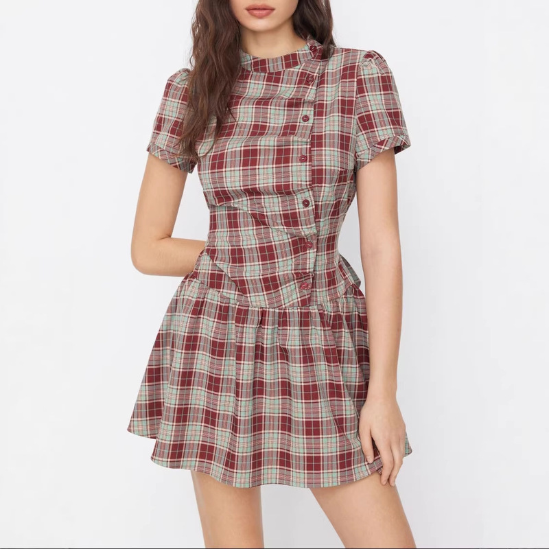 Cross-Border European and American Style Plaid Half-High Collar Puff Sleeve Tie-Up Mini Dress Cross-Border European and American Style Plaid Half-High Collar Puff Sleeve Tie-Up Mini Dress
