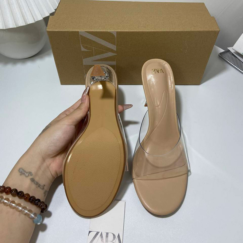 New round toe high-heeled women's shoes with PVC flat strap, shallow mouth transparent heel, exposed heel, fashionable sandals for women