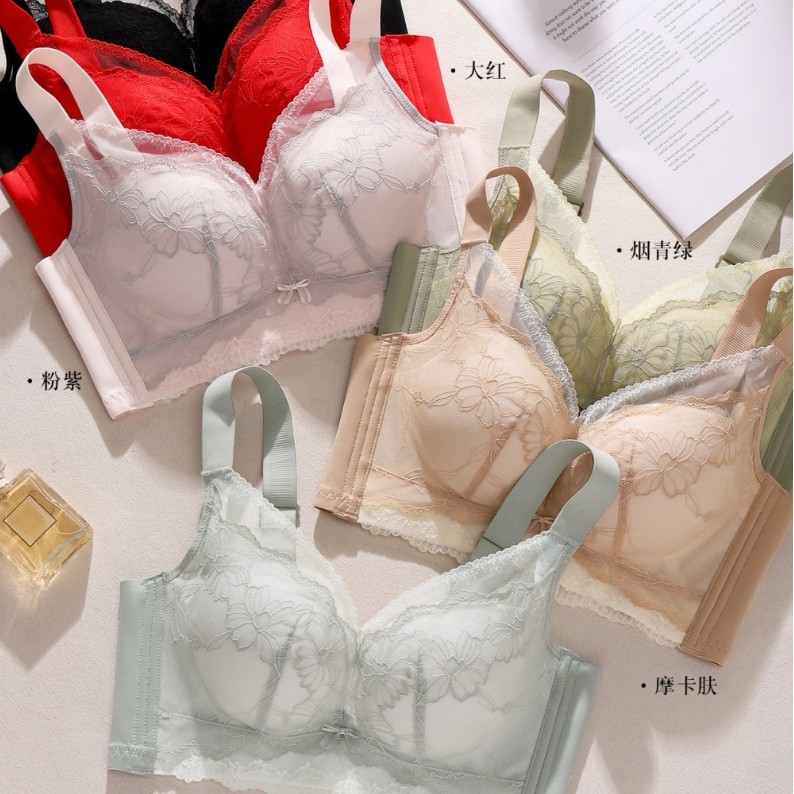 精美花卉蕾丝文胸薄杯大胸显小薄杯舒适无钢圈收副乳调整型内衣女|undefined