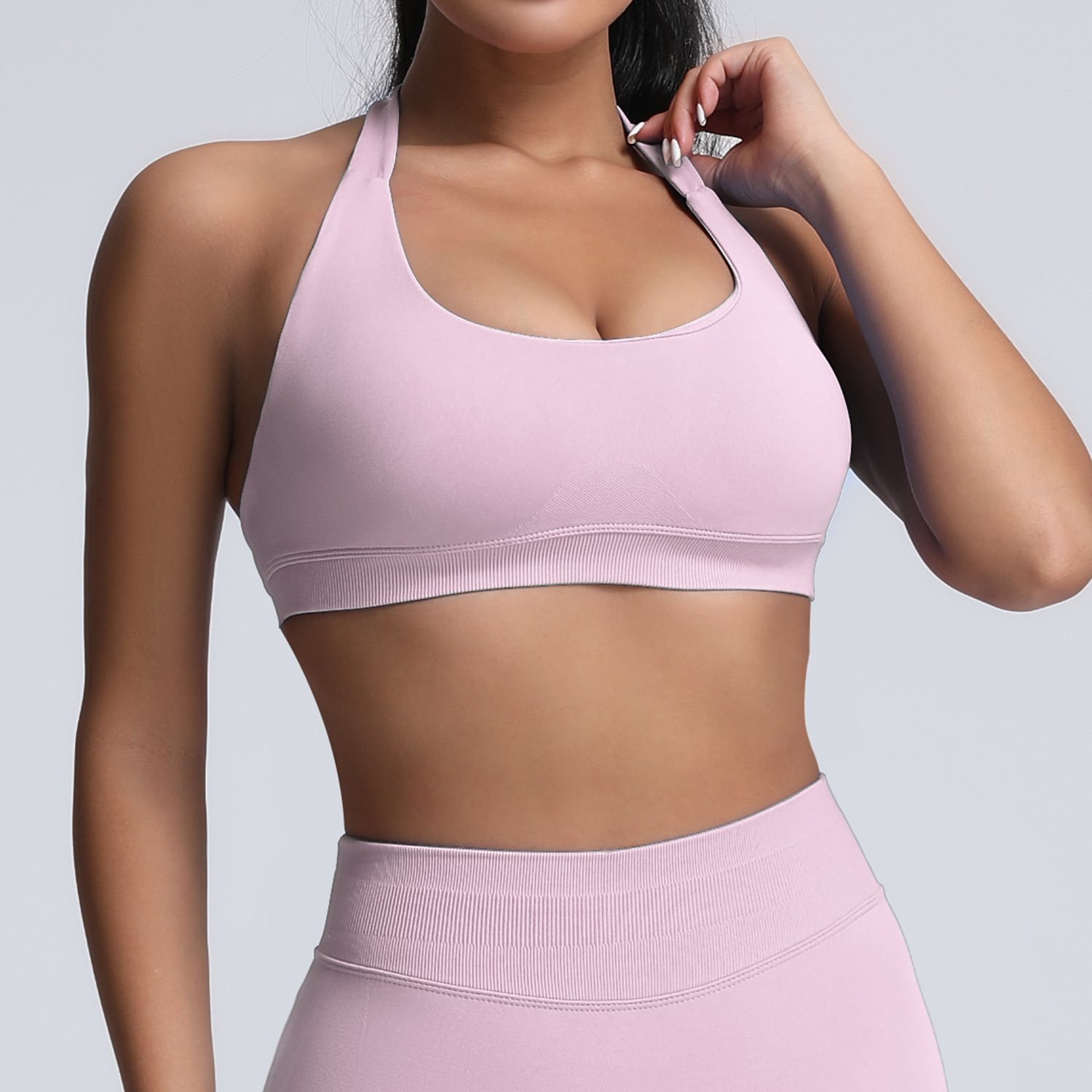 Europa y los Estados Unidos cuello colgante belleza de espalda ropa interior deportiva alta elástica matte nylon de espalda abierta gran chaqueta de yoga sujetador mujer
